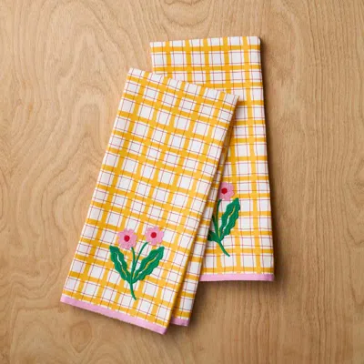The Company Store Floral Plaid Kitchen Towel Sets In Yellow