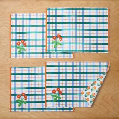 The Company Store Floral Plaid Reversible Placemats, Set Of 4 In Blue