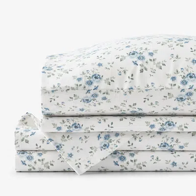 The Company Store Garden Burst Premium Smooth Wrinkle-free Sateen Bed Sheet Set In Blue/white