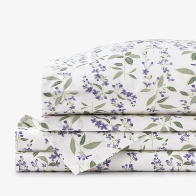 The Company Store Garden Mist Classic Cool Cotton Percale Bed Sheet Set In Green/ivory/purple