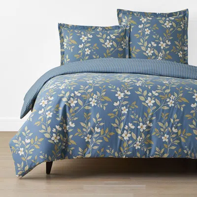 The Company Store Garden Mist Classic Cool Cotton Percale Reversible Duvet Cover In Floral/stripe Smoke Blue