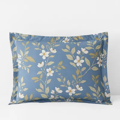 The Company Store Garden Mist Classic Cool Cotton Percale Reversible Sham In Floral/stripe Smoke Blue