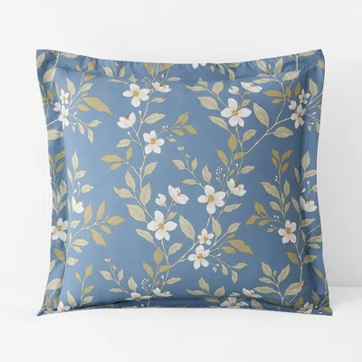 The Company Store Garden Mist Classic Cool Cotton Percale Reversible Sham In Floral/stripe Smoke Blue