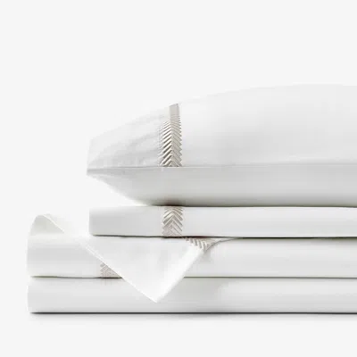 The Company Store Hewett Luxe Smooth Egyptian Cotton Sateen Bed Sheet Set In Beige/white