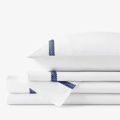 The Company Store Hewett Luxe Smooth Egyptian Cotton Sateen Bed Sheet Set In Blue/white