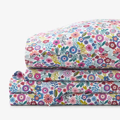 The Company Store Joyful Mini Flower Classic Cool Organic Cotton Percale Bed Sheet Set In Blue/ivory/multi