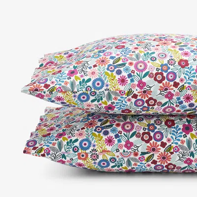 The Company Store Joyful Mini Flower Classic Cool Organic Cotton Percale Pillowcase Set In Blue/ivory/multi