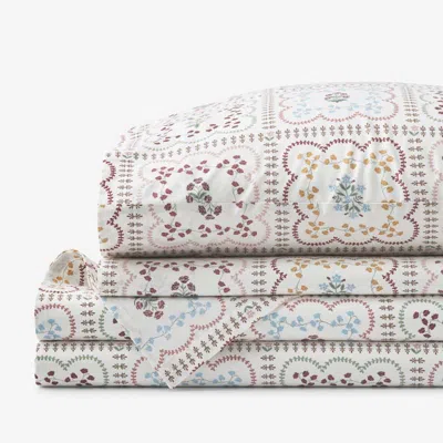 The Company Store Lottie Classic Cool Cotton Percale Bed Sheet Set In Ivory/pink/red