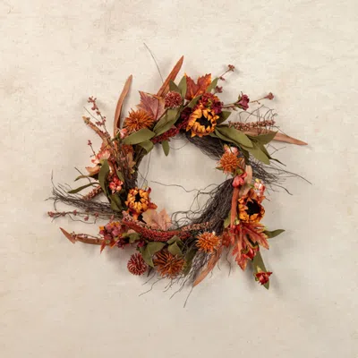 The Company Store Mini Pom Pom & Sunflower Candle Wreath In Orange/coral/red