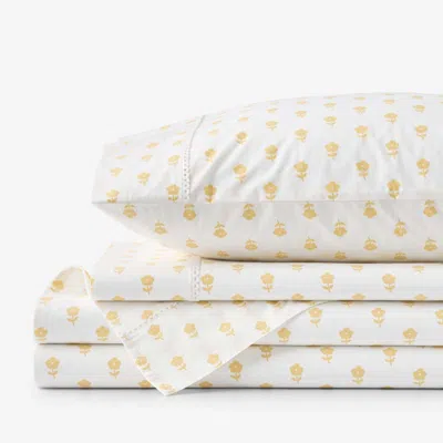 The Company Store Mini-prints Garment Washed Cotton Percale Bed Sheet Set In White/yellow
