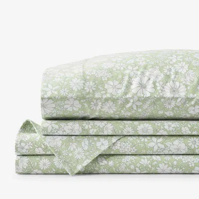 The Company Store Misty Meadow Floral Classic Smooth Sateen Bed Sheet Set In Green/white