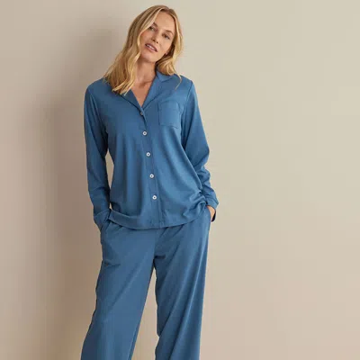 The Company Store Pima Cotton Women's Button-down Pajama Set In Blue Denim