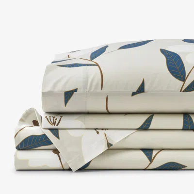 The Company Store Plumeria Floral Classic Cool Cotton Percale Bed Sheet Set In Beige/blue