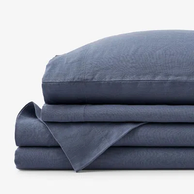The Company Store Premium Breathable Washed Linen Solid Bed Sheet Set In Denim Blue