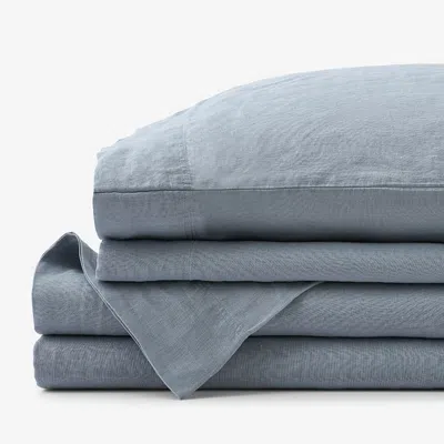 The Company Store Premium Breathable Washed Linen Solid Bed Sheet Set In Dusty Blue