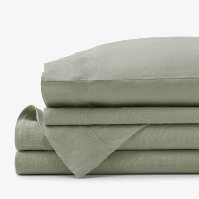 The Company Store Premium Breathable Washed Linen Solid Bed Sheet Set In Moss Green