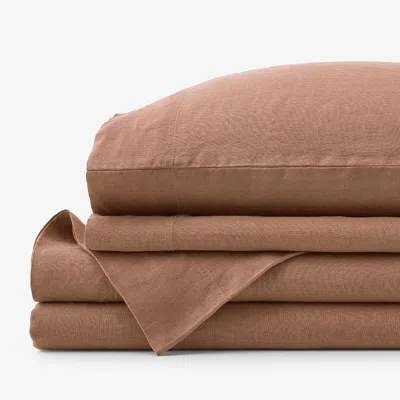 The Company Store Premium Breathable Washed Linen Solid Bed Sheet Set In Terracotta Orange