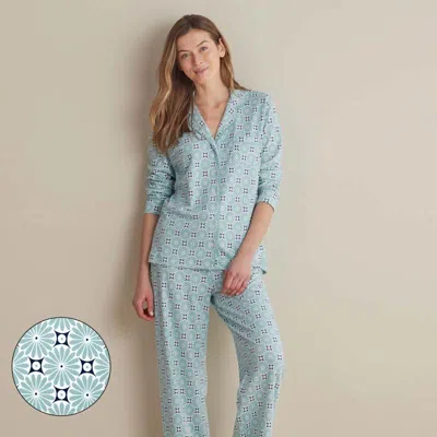 The Company Store Printed Peruvian Cotton Women's Button-down Pajama Set In Blue/teal/turquoise