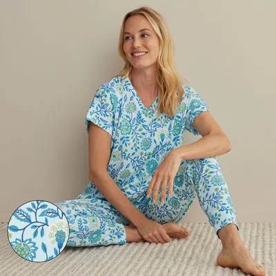 The Company Store Printed Peruvian Cotton Women's Jogger Pants Pajama Set In Floral Trail Blue