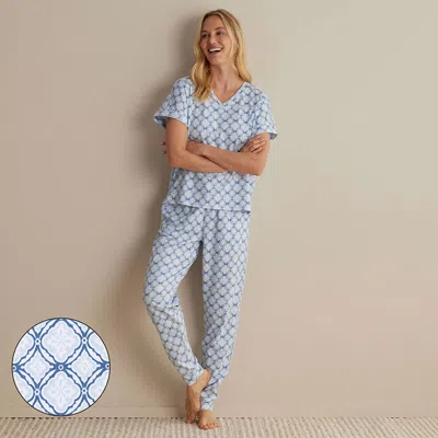 The Company Store Printed Peruvian Cotton Women's Jogger Pants Pajama Set In Mosaic Blue