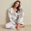 The Company Store Printed Pima Cotton Button-down Pajama Set In Green/pink/white