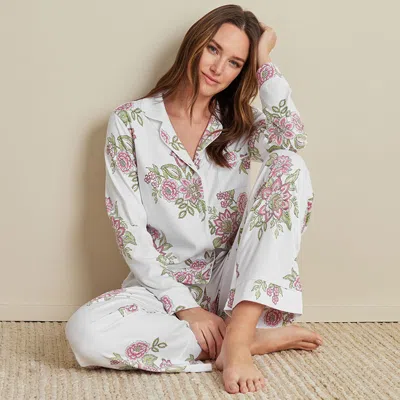 The Company Store Printed Pima Cotton Button-down Pajama Set In Green/pink/white
