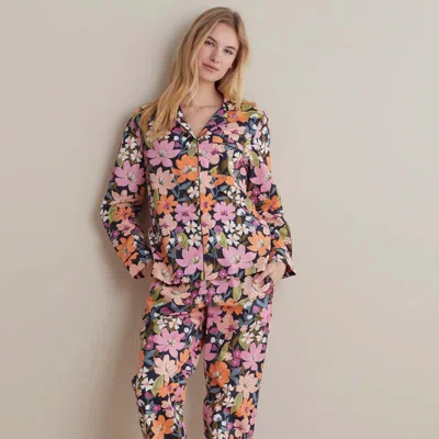 The Company Store Printed Poplin Women's Button-down Pajama Set In Black/orange/coral