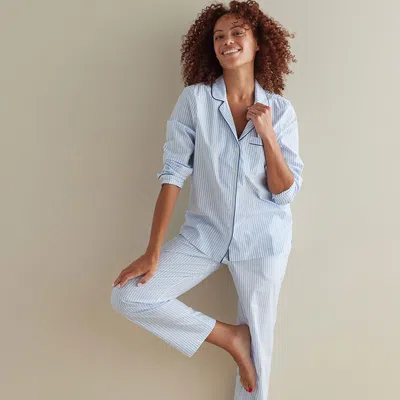 The Company Store Printed Poplin Women's Button-down Pajama Set In Blue Stripe
