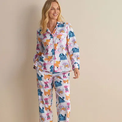 The Company Store Printed Poplin Women's Button-down Pajama Set In Blue/pink