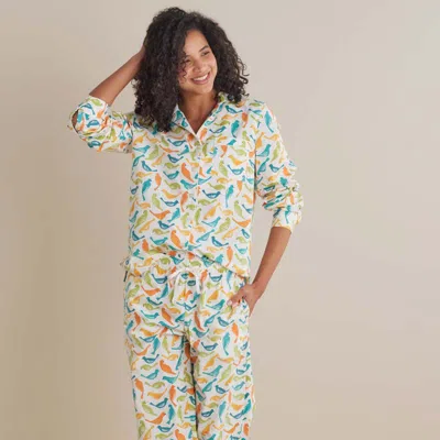 The Company Store Printed Poplin Women's Button-down Pajama Set In Green/orange/coral