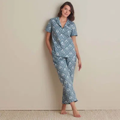 The Company Store Printed Poplin Women's Short Sleeve Button-down Pajama Set In Blue