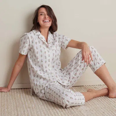 The Company Store Printed Poplin Women's Short Sleeve Button-down Pajama Set In White