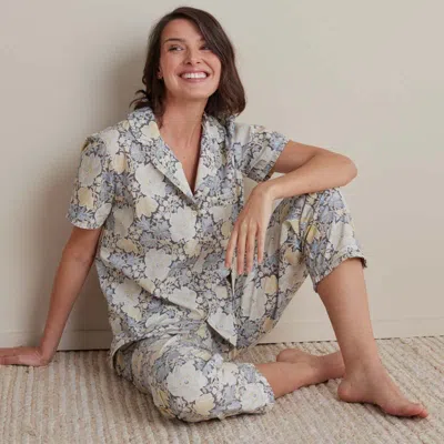The Company Store Printed Poplin Women's Short Sleeve Button-down Pajama Set In Blue/gray/yellow