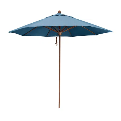 The Company Store Round Outdoor Patio Umbrella, Wood Finished Fiberglass With Pulley Lift In Air Blue