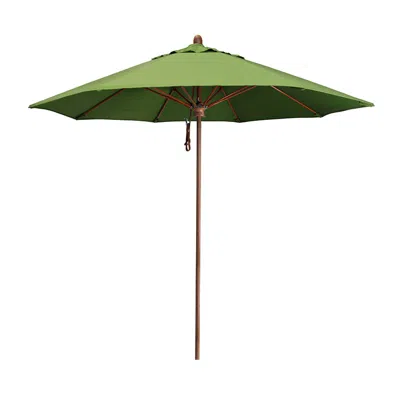 The Company Store Round Outdoor Patio Umbrella, Wood Finished Fiberglass With Pulley Lift In Green