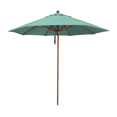 The Company Store Round Outdoor Patio Umbrella, Wood Finished Fiberglass With Pulley Lift In Teal/turquoise Blue