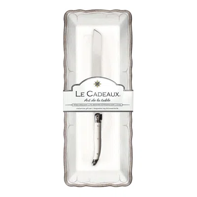 The Company Store Rustica Antique White Melamine Baguette Tray With Laguiole Bread Knife In Ivory/white