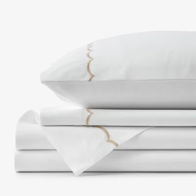The Company Store Scallop Embroidered Premium Cool Egyptian Percale Bed Sheet Set In Beige/white