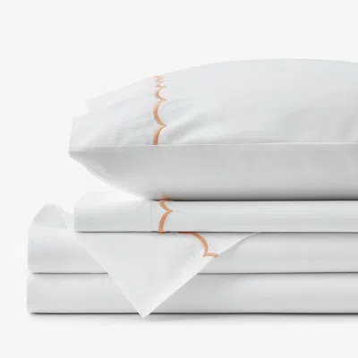 The Company Store Scallop Embroidered Premium Cool Egyptian Percale Bed Sheet Set In Orange/coral/white