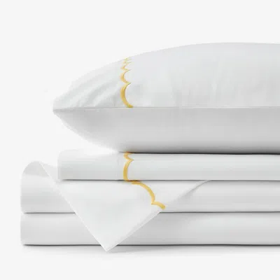 The Company Store Scallop Embroidered Premium Cool Egyptian Percale Bed Sheet Set In White/yellow