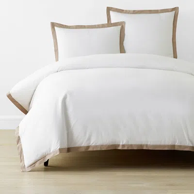 The Company Store Solid Border Classic Cool Cotton Percale Duvet Cover In Beige/brown/white