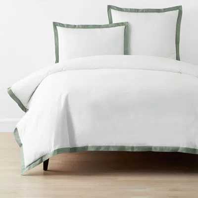 The Company Store Solid Border Classic Cool Cotton Percale Duvet Cover In Green/white