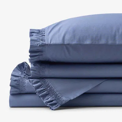The Company Store Solid Ruffle Garment Washed Cotton Percale Bed Sheet Set In Blue
