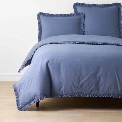 The Company Store Solid Ruffle Garment Washed Cotton Percale Duvet Cover In Denim Blue