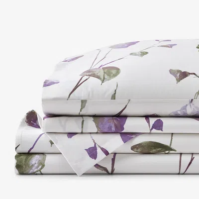 The Company Store Spring Leaf Premium Smooth Wrinkle-free Sateen Bed Sheet Set In Green/ivory/purple