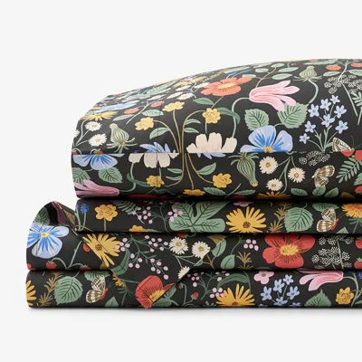The Company Store Strawberry Fields Classic Cool Cotton Percale Bed Sheet Set In Black