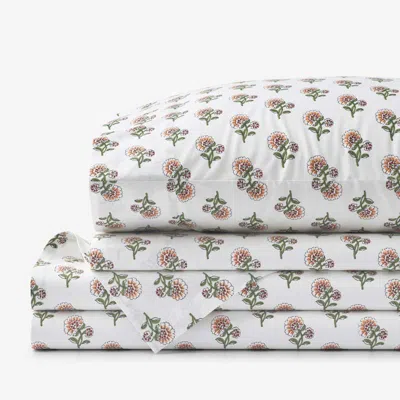 The Company Store Suhana Garment Washed Cotton Percale Bed Sheet Set In Green/orange/coral