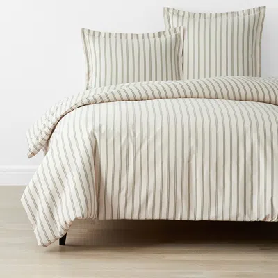 The Company Store Tailored Stripes And Plaids Classic Cool Cotton Percale Bed Duvet Cover In Green/white