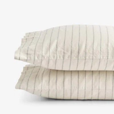 The Company Store Tailored Stripes And Plaids Premium Breathable Washed Linen Cotton Pillowcase Set In Beige/blue