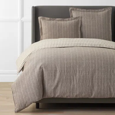 The Company Store Tailored Stripes Premium Breathable Washed Linen Cotton Reversible Duvet Cover In Beige/brown